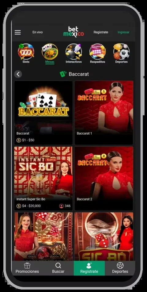 Mobile baccarat and Sic Bo catalogue