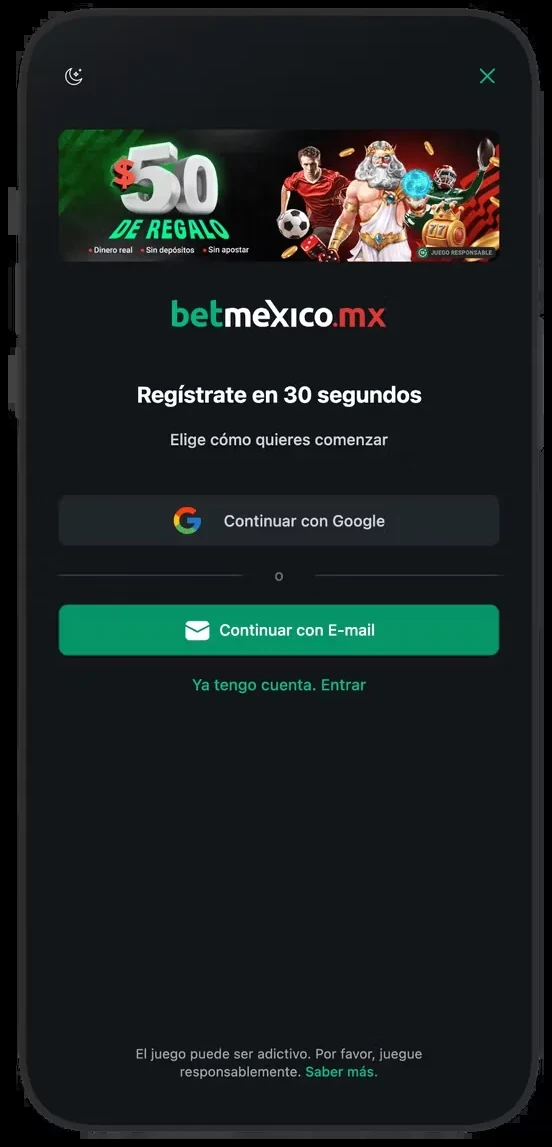 Welcome screen with Google and email